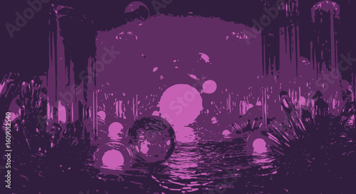 Abstract Purple Landscape with Spheres and Reflections on Water Surface.