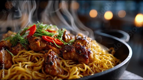 Fried noodles with meat and vegetables on a sizzling hotplate