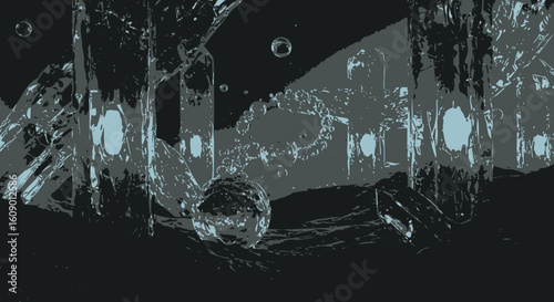 Abstract Still Life with Spheres and Geometric Shapes in Blue and Gray.