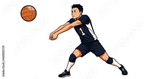 Cartoon Volleyball Player Bumping Ball in Action Pose Black Uniform.