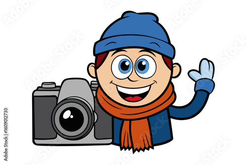 Cheerful cartoon photographer in winter attire waving enthusiastically next to a professional camera ready to capture memories