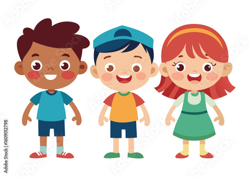 Three Cheerful Cartoon Kids Standing Side by Side Expressing Happiness and Friendship in a Playful Scene Illustration