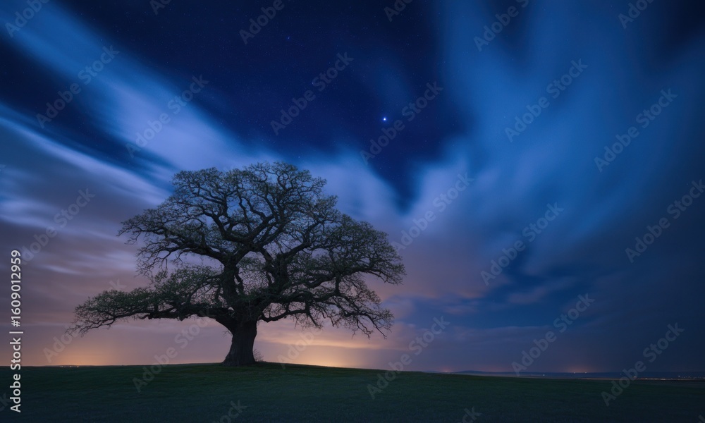 Obraz premium Solitary tree at night under a dramatic sky