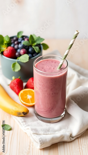 Wallpaper Mural Fruit smoothie with banana, orange, and strawberries. Healthy eating concept. Torontodigital.ca