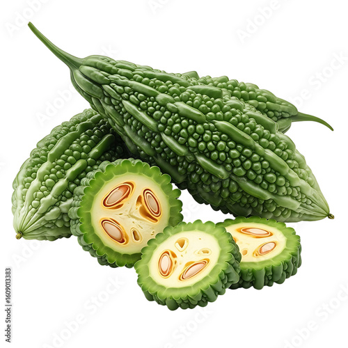 A Vibrant Display of Fresh Bitter Melons and Sliced Segments on a Black Backdrop