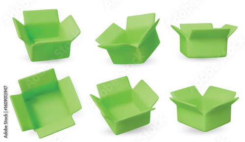 Collection of isometric open boxes on white background. Ideal for delivery, shipping, packaging, and online store visuals.