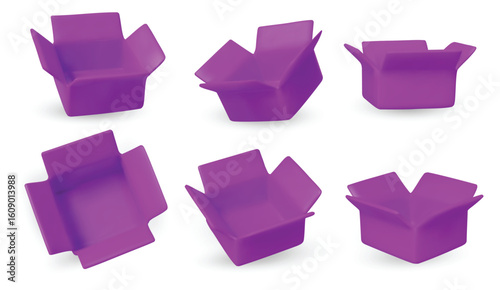 Collection of isometric open boxes on white background. Ideal for delivery, shipping, packaging, and online store visuals.