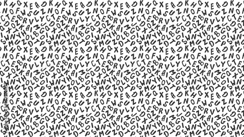 Monochrome background featuring a chaotic arrangement of random letters scattered across the surface