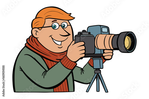 Enthusiastic cartoon photographer with glasses and scarf holding a professional camera on a tripod ready to capture a moment