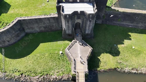 Aerial drone footage of Caerphilly Castle in Wales.