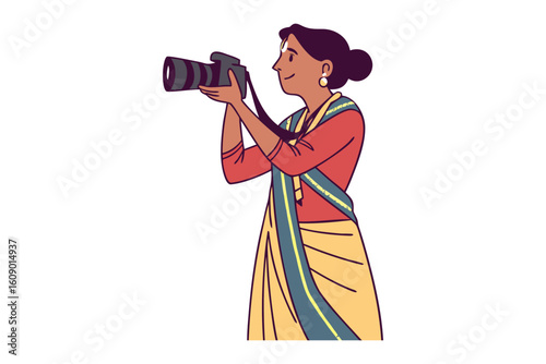 Artistic illustration of an indian woman in traditional attire capturing a moment with her camera