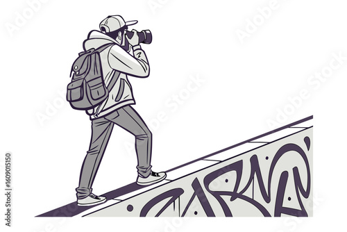 Young person with backpack captures urban scene with camera on graffiti covered wall