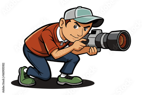 Determined cartoon photographer in baseball cap crouches low with professional camera ready to capture the perfect shot