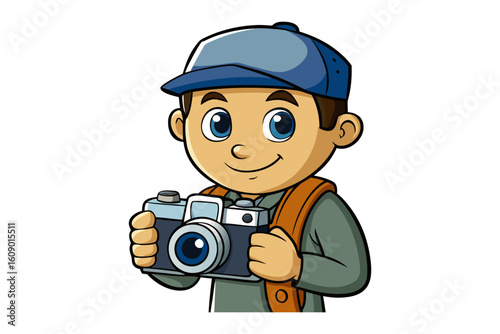 Young enthusiastic boy with a vintage camera ready to capture memories and explore the world through photography