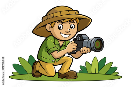 Young explorer captures wildlife moments with camera while kneeling in lush green grass