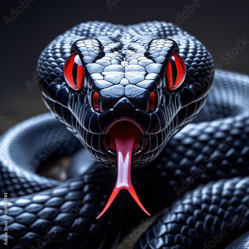 Striking Black Snake, Hypnotic Red Eyes and Flickering Tongue Close-up
