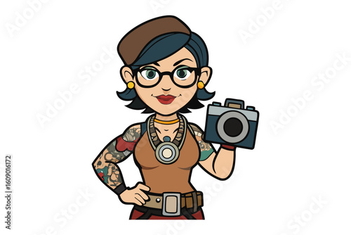 Stylish cartoon woman with tattoos and glasses holding a vintage camera ready to capture memorable moments