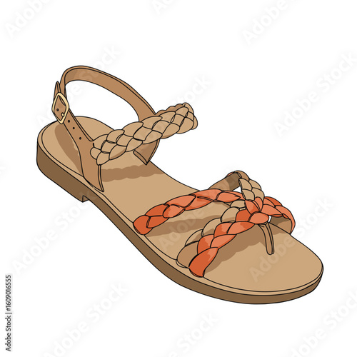 Braided sandals with orange straps in flat design style  