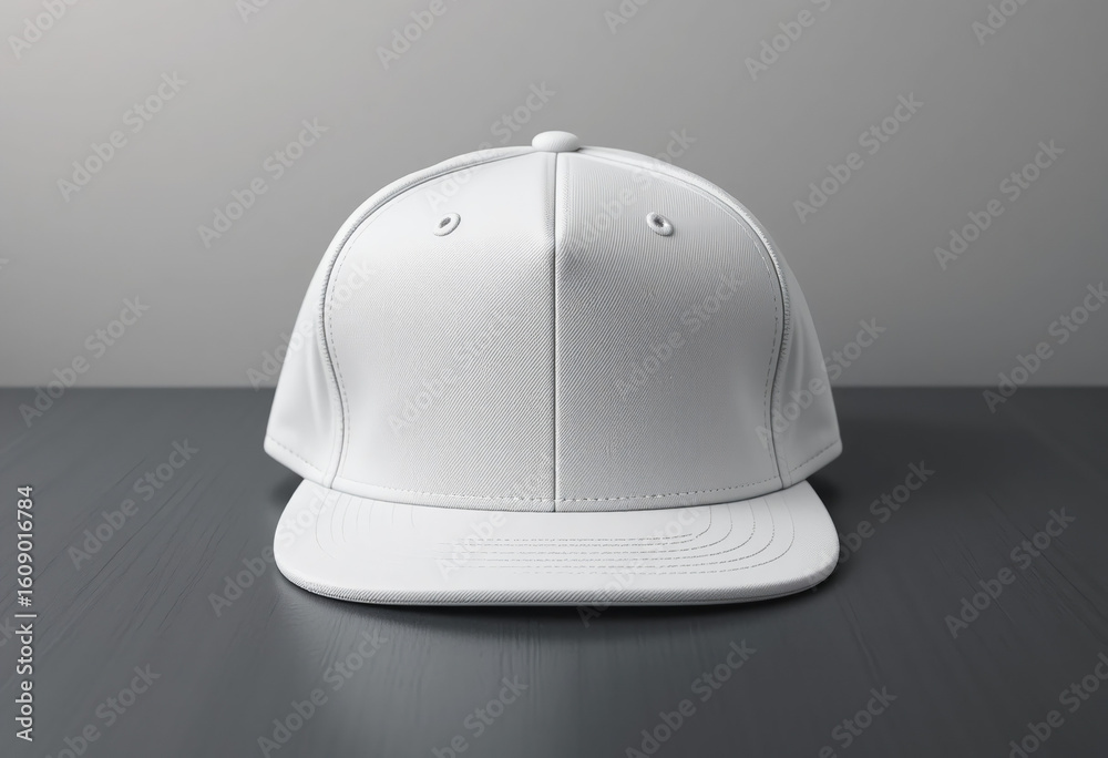 Fototapeta premium A Blank White Baseball Cap Rests On A Table With A Light Gray Background