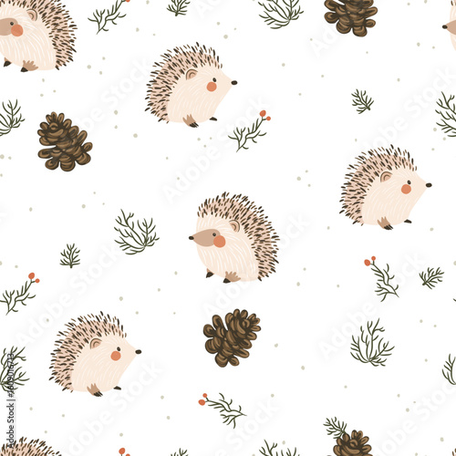 Seamless pattern with cute hand drawn hedgehogs, cone and dots. Vector fall illustration.