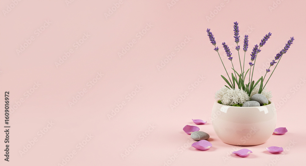Obraz premium Lavender flower arrangement in pot on pink background floral home decor design
