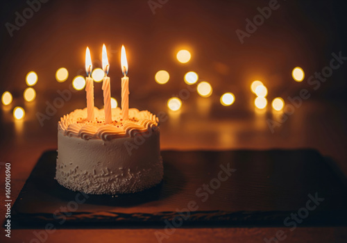 Celebration Cake with Lit Candles and Golden Bokeh Lights