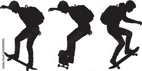 Skateboarder performing tricks in sequence silhouette