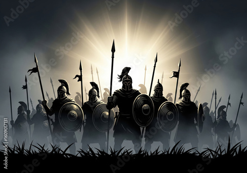 Ancient Warriors Army Silhouetted in Haze with Spears at Sunrise