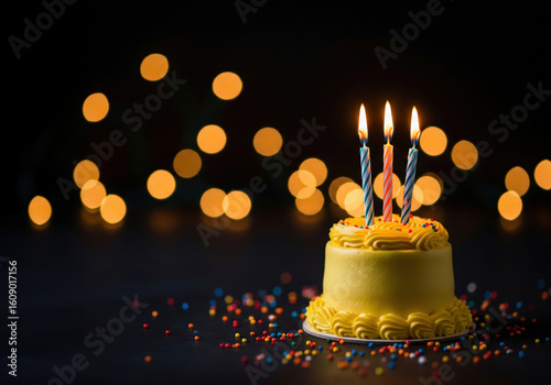 Celebration Cake with Lit Candles and Golden Bokeh Lights