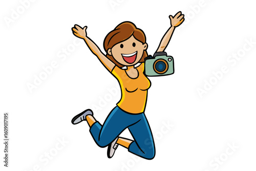 Joyful woman with camera jumps high in the air celebrating a successful photography adventure or moment