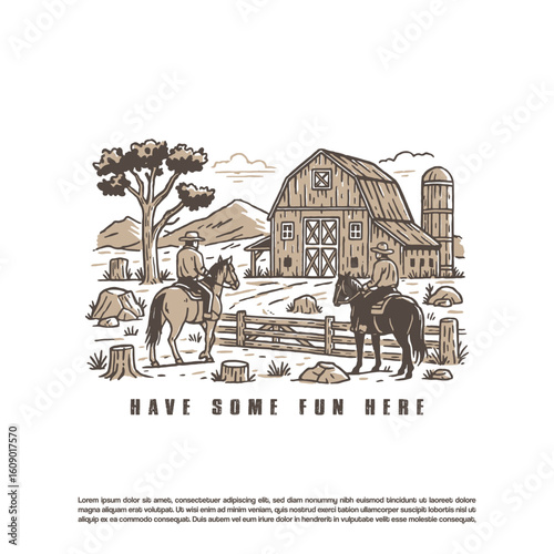 Vintage retro hand drawn cowboy cattle farm vector isolated on white background