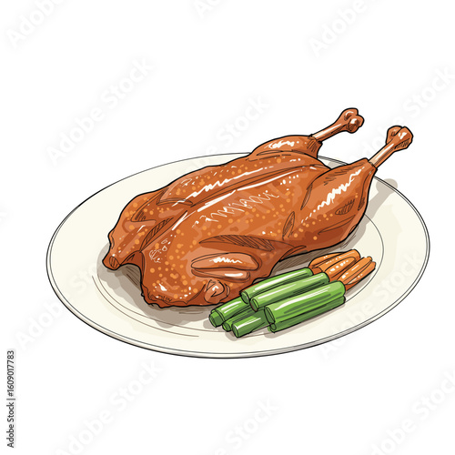 Peking duck served on a plate with vegetables including celery and carrots  