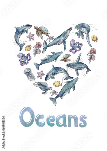 Watercolor postcard International Day of Oceans, Whales and Fish4