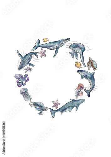 Watercolor postcard International Day of Oceans, Whales and Fish6