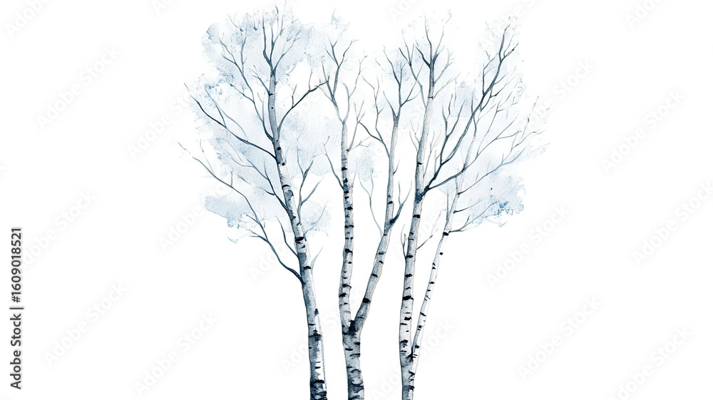 Fototapeta premium Birch tree illustration in soft watercolor style on white background