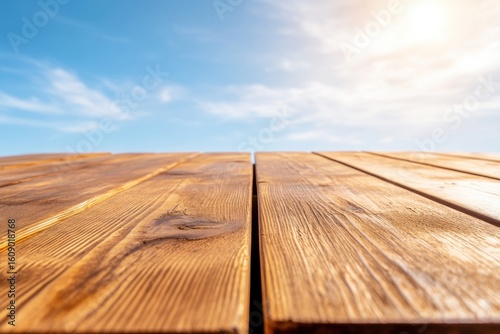 Wooden Table Top against Sky: An eye-level shot of a weathered wooden table top against a stunning blue sky with clouds and sun.