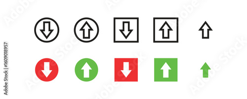 arrow symbols in different colors and styles. Perfect for user interface design, infographics, data analysis, statistics, and performance indicators.