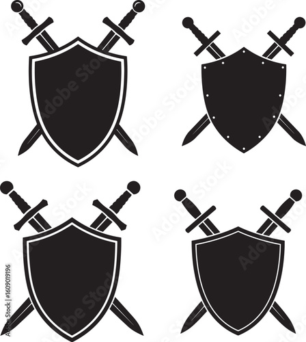 Four medieval shields and crossed swords emblem silhouette
