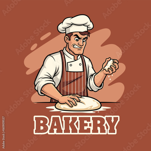 Cartoon baker kneading dough with determination, wearing a chef's hat and striped apron, against a brown background with "BAKERY" text.