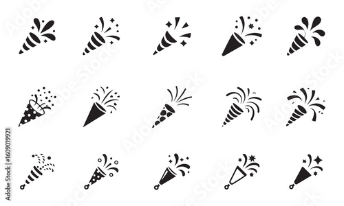 A collection of 12 vector icons depicting party poppers in various designs, with confetti and streamers exploding outward.