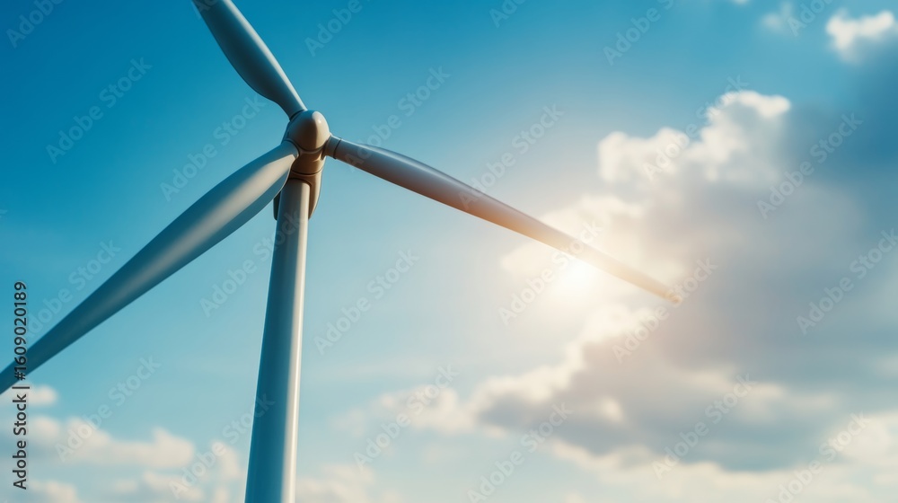 Wind turbine blade close-up with clean energy symbols and blue sky Wind turbine blade close-up with clean energy symbols and blue sky