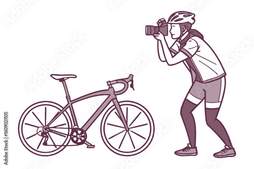 Cyclist photographer capturing action shots of a modern road bicycle with a professional camera and equipment