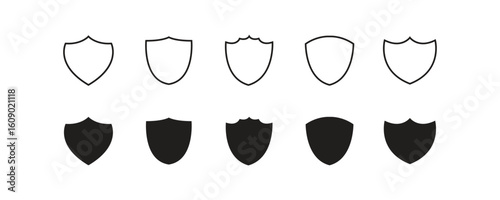 set of  white shield icons five outlined and five solid displaying different top edge designs in two rows