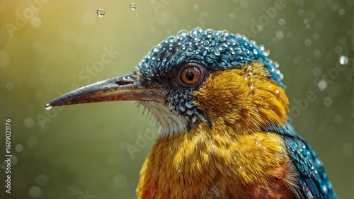A colorful bird with drops all over its body, glistening in the sunlight.