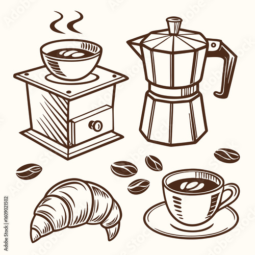 Set of coffee cups with beans in vector style for cafe and beverage design