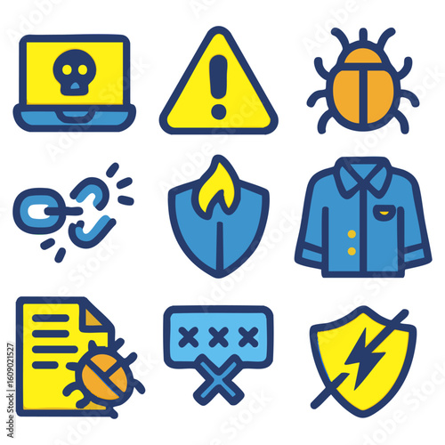 Digital Security Icons Set Representing Cyber Threats and Protection Measures Against Malicious Software Attacks.  Vector Illustration
