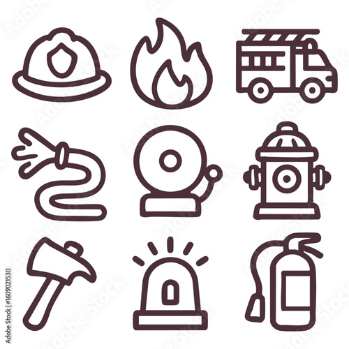 Firefighting Equipment Icons Set Representing Safety and Emergency Response Gear in Simple Line Art Design.  Vector Illustration