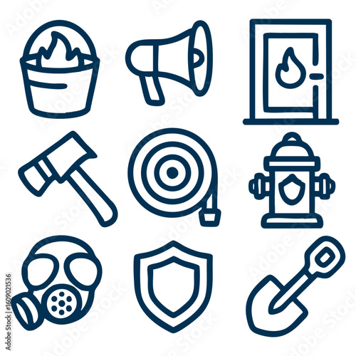 Collection of Fire Safety Equipment and Icons Including Bucket, Axe, Fire Alarm, and Gas Mask on Simple Background. Vector Illustration Icon Set