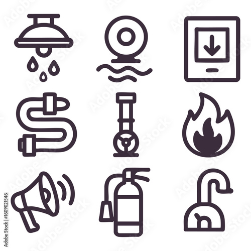 Collection of Emergency and Safety Icons Including Fire, Water, and Alert Symbols for Risk Management and Protection Services. Vector Illustration Icon Set