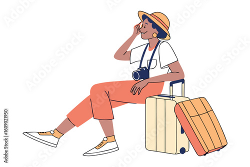 A stylish young black woman wearing a hat and sunglasses sits patiently with her luggage ready for her next exciting travel adventure